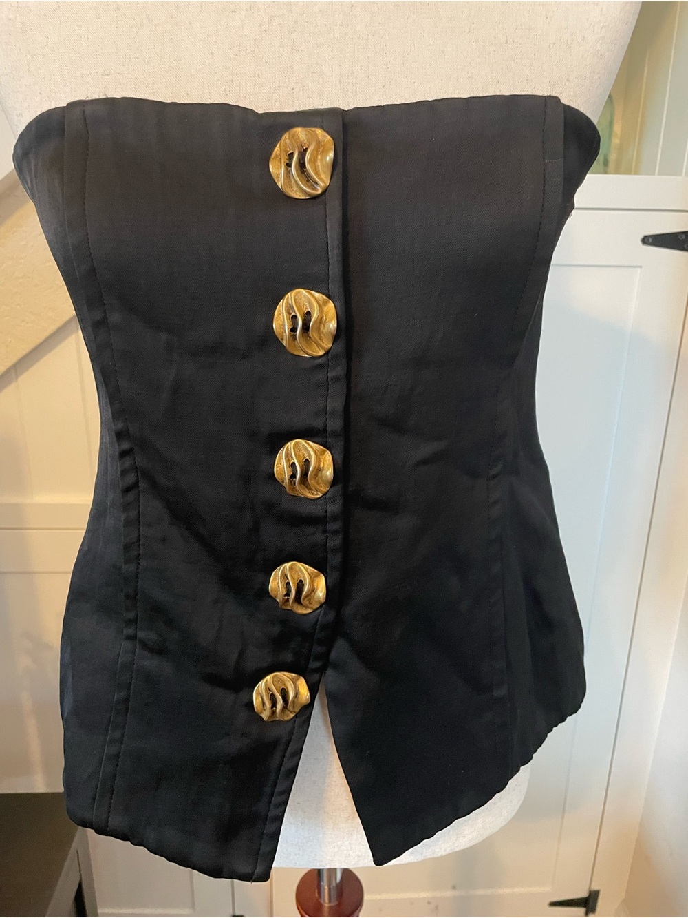 Zara Black Strapless Corset Bustier Top Gold Sculptural Buttons Size M